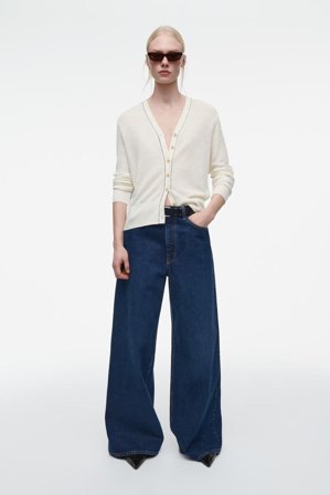 COS Women's Merino Wool-Linen Blend V-Neck Cardigan in White