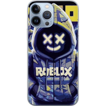 Kompatibelt Mobildeksel til Apple Apple iPhone 13 Pro Max Blågul Roblox hettegenserfigur med minimalistisk neonstil og masket ansikt, moderne spillil