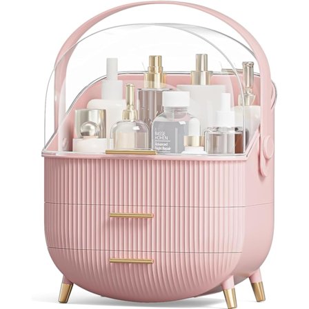 Meikkisäilytysjärjestäjä, suuri kosmetiikan säilytyskotelo 2-kerroksisella säilytyslaatikolla ja läpinäkyvällä kannella, meikkipöytä (pinkki)