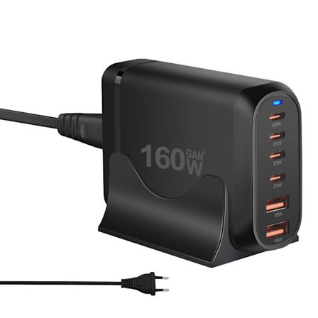 Højtydende 160W USB C-oplader med 6 porte (2 USB + 4 Type C) til flere enheder