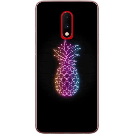 Kompatibelt Mobilskal till OnePlus OnePlus 7 Neonillustration av ananas i färgglatt ljus mot svart bakgrund