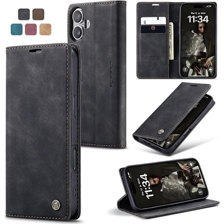 iPhone 16 Kuori, Premium Nahkainen Käännettävä Lompakkokotelo Korttipaikoilla ja Vaakasuoralla Jalustatoiminnolla, Magneettinen Suojakotelo iPhone 16: