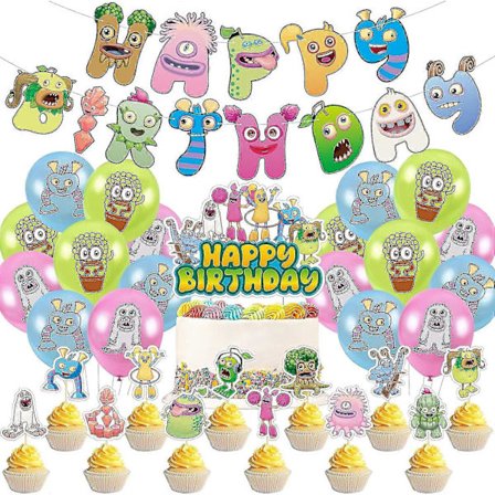 My Singing Monsters -syntymäpäiväjuhlakoristeet, Monsters-juhlatarvikkeet, juhlalakana, ilmapallot, kakunkoristeet -Yx