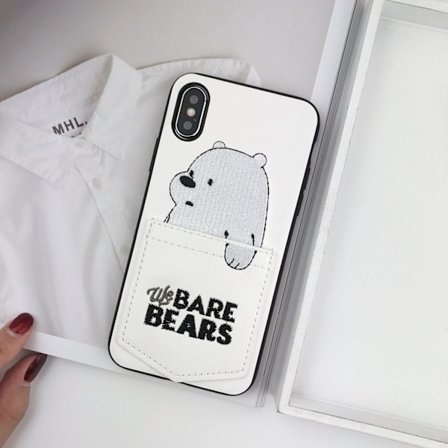 Etui til iPhone 15 6,1 tommer Pocket Bear Hvid lædertekstur pocket bear Wallet med kortholder tegneserietrend