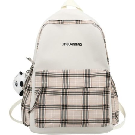 Skole taske - Ternet rygsæk med 1 gratis sød panda charm, (Beige)