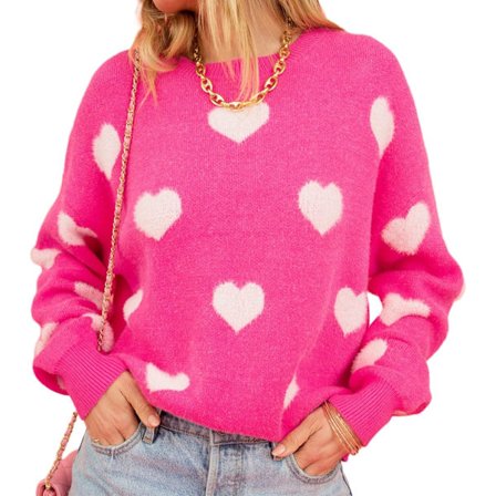 Dame Crewneck Strikket Sweater Casual Hjerte Langærmet Pullover Jumper Toppe