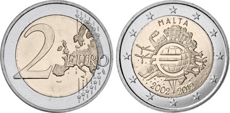 Malta 2012 - 10 år for eurosedler og mønter - 2 euro mønt