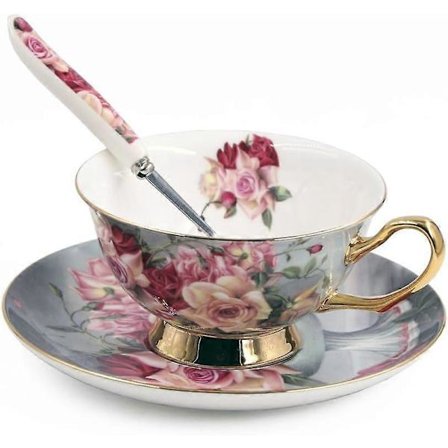 Benporsliinikahvikuppi, teekuppi & aluslautanen & teelusikkasetti korkealaatuisena, (Rose Angel)