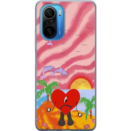 Kompatibelt Mobildeksel til Xiaomi Poco F3 Bad Bunny i en fargerik quiltet jakke med hjertemønster og solbriller i moderne gatestil