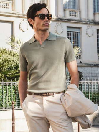 John Henric Men's Green Textured Cotton Polo Size S