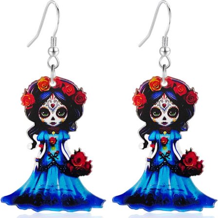 Akryl Día de Muertos Udødelig Dukke Hængeøreringe - Blomsterkrans & Rose Design, Letvægts Halloween Cosplay Smykker til Kvinder, I
