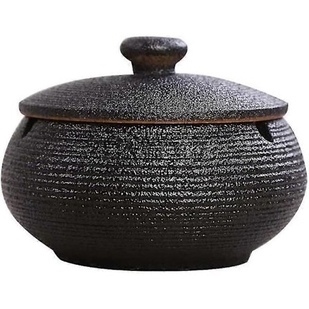 Handgjord keramisk askkopp med lock, skrivbordsaskkopp för kontorsdekoration, vindtät askkopp, utomhusaskkopp (svart)