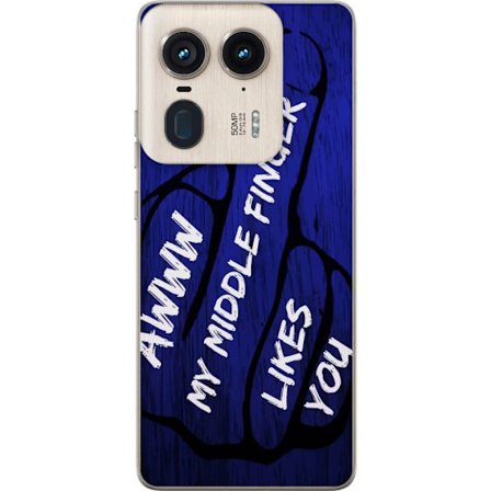 Kompatibelt Mobildeksel til Motorola Edge 50 Ultra Mørk typografisk illustrasjon med hjerteform og budskap om vennskap mot dyp blå tretekstur