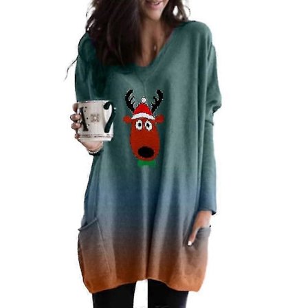 Joulu Naisten Liukuvärjätty Tunika T-paita Pitkä Toppi Plus Koko 2XL Vihreä