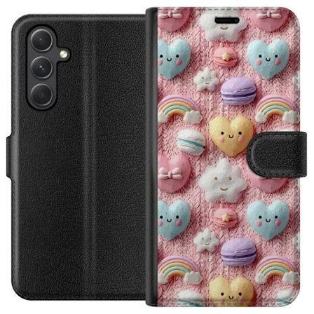 Kompatibel Tegnebogsetui til Samsung Galaxy A25 Pastelmotiv med hjerter, skyer, regnbuer og macarons mod lyserød baggrund i en sød drømmende stil.