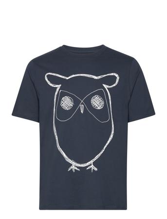 Regular Big Owl Front Print T-Shirt Tops T-shirts Short-sleeved Blue Knowledge Cotton Apparel