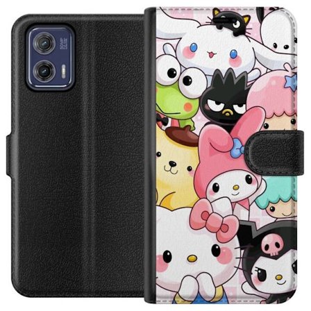 Kompatibelt Lommeboketui til Motorola Moto G73 Tett mønster av søte figurer med store øyne i ulike farger og uttrykk med LABUBU-tekst