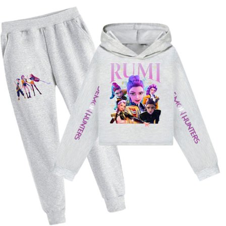 Kpop Demon Hunter 2-delt sett: Crop Hoodie & Bukser - Grått sett helt grått xx-FM- Sett helt grått xx{KDO}