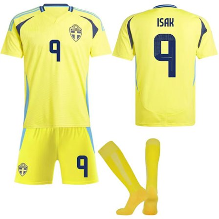 2024-2025 Sverige Landslag Fotballdraktsett Barn Nr. 9 Isak Fotballuniform Blå Gul Skjorte Shorts Størrelse 26