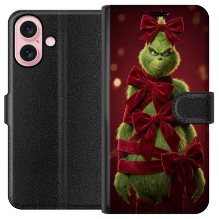 Yhteensopiva Lompakkokotelo Apple Apple iPhone 16 Grinchi-hahmo koristeltu punaisilla samettinauhoilla juhlavassa studiossa, leikkisällä ja humorist