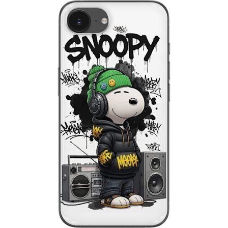 Kompatibelt Mobildeksel til Apple iPhone 16e Snoopy i gateklær med hodetelefoner, graffiti-stil og et stort smil mens han står ved siden av boomboxen