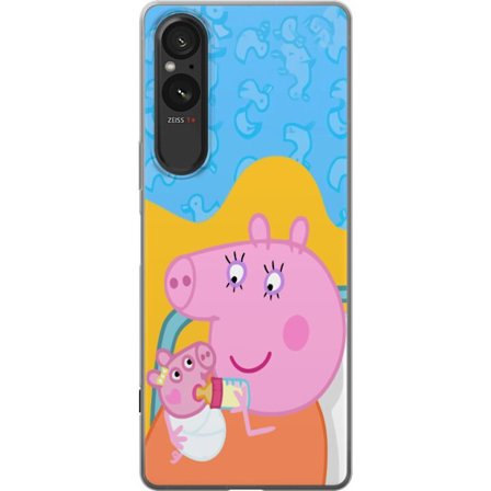 Kompatibelt Mobildeksel til Sony Xperia 5 V Peppa Gris familie motiv med mor gris, far gris og venner, fargerikt tegnet barnebilde