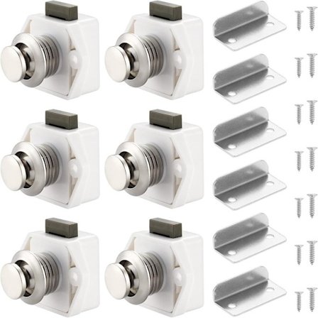 Kompatibel med 6 stk. trykknapplåser for skap, skuff, skap, dør, campingvogn, bobil, båt, hvit