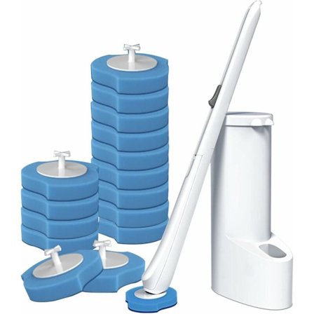 Engangstoiletbørste med 16 udskiftningshoveder og engangsholder til badeværelsesrengøring