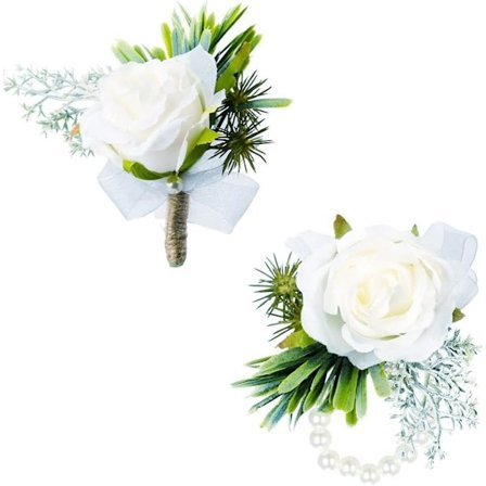 (Vit) 2 Primrose Rose Boutonnieres, Brudgom Boutonnieres og Bryllup Håndleddsboutonnieres, Bryllup Boutonnieres Egnet for Bryllup, Bankett, Jubileum