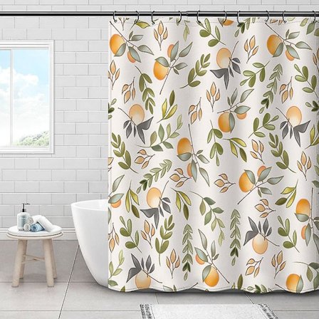 Duschdraperi 180x200 Anti-mögel Tyg Med Blommigt Mönster, Orange Peach Grön Blad Duschdraperi Beige, Ljus Färgrik Duschdraperi