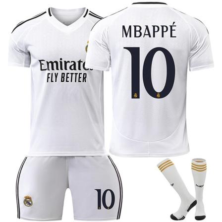 Kausi 2425 Real Madridin kotipaita nro 10 Mbappe jalkapalloaiheinen jalkapallopaita setti sisältää aikuisten ja lasten koot No. 10 Mbappe 26(140-150CM