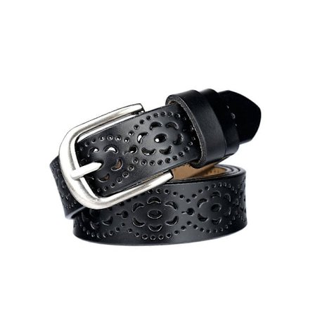 2025 Ny Vintage Ægte Koskind Læder Damebælte Mode Hul Blomster Design Dame Taljebælte med Legeringsspænde til Jeans Sort