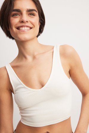 NA-KD Basic Ekologisk V-ringad ribbad crop-topp - Sommartoppar - Vit - XXL