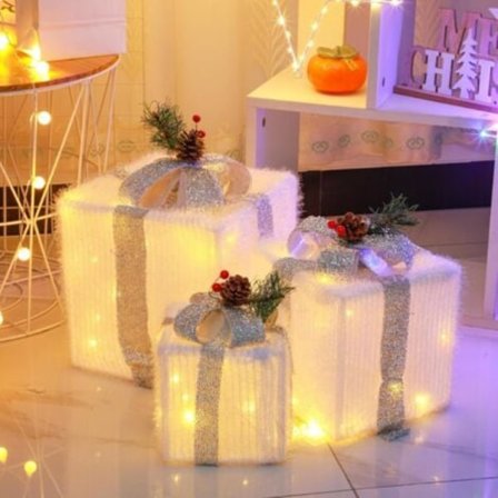 Set med 3 upplysta julklappsdekorationer, icke-uppladdningsbara batteridrivna LED-lampor med silverglitterrosett för helgdagar, öppen spis, skrivbord