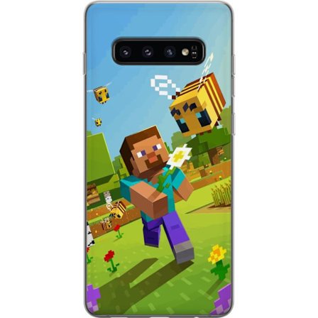 Kompatibelt Mobilskal till Samsung Samsung Galaxy S10 Minecraft Steve med soptunna i färgglada blockvärlden lekfull spelillustration från Minecraft