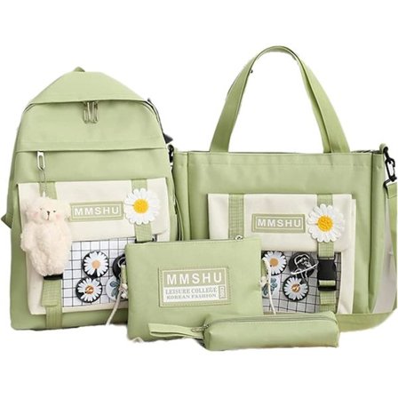 Kawaii skole taske fem-delt lærred skole taske med bamse drenge piger tilbage til skolen forsyninger-grøn