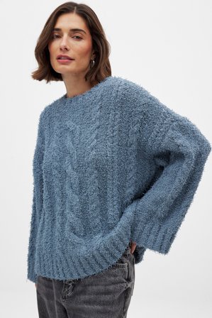 NA-KD Oversized-Strickpullover mit Zopfmuster - Pullover mit Zopfmuster - Blau - XS (EU 32)