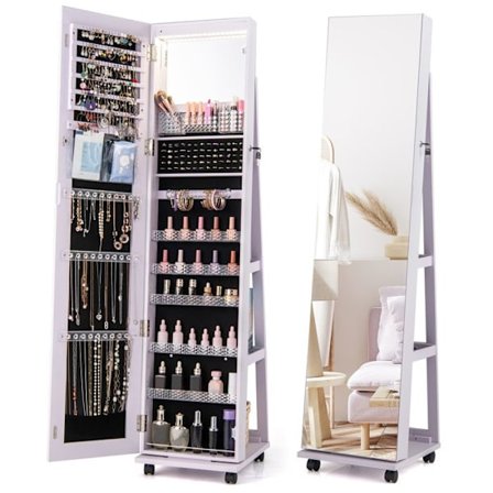 3 i 1 Smykkeskab på Ben COSTWAY med 2 Spejle, 3 Farvet LED Lyskilder, Justerbar Hylde, Låseligt Design, Lilla