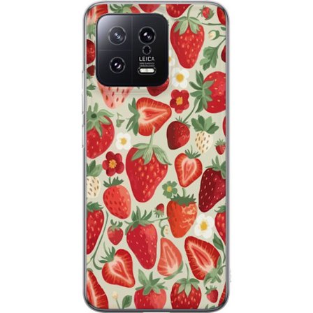 Kompatibelt Mobildeksel til Xiaomi 13 Dekorativt mønster med røde jordbær, grønne blader og små blomster