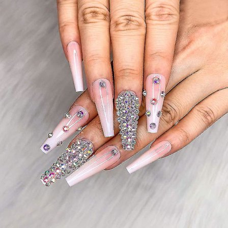 24 kpl Ranskalainen Nude Valkoinen Ballerina Timantti Pitkät Kiiltävät Arkku Tekokynnet Painettavat Kynnet Väärennetyt Tipit Manikyyri Naisille Ja 