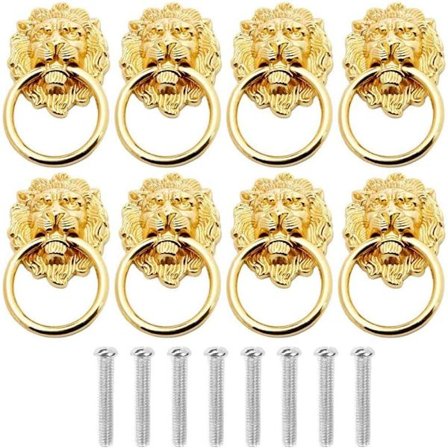 Løvehode skaptrekk, 8 stk antikk bronse løve skuffetrekk