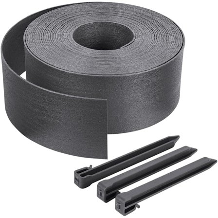 PE Hagekant 10m - Grå - Høyde 12cm Tykkelse 2mm - Med 12 Ankerplugger, for Ekstern Hagekant