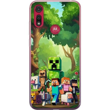 Kompatibelt Mobildeksel til Motorola Moto E6s (2020) Blokkete pikselerte spillverden med grønne figurer og dyr i frodig skogsmiljø