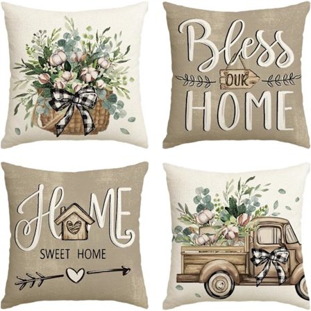 4-pack Kuddfodral 45x45 cm – “Bless Our Home” Farmhouse med Eukalyptusblad för Soffa & Heminredning