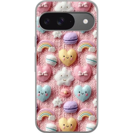 Yhteensopiva Puhelinkuori Google Pixel 9 Pro Pastellimotiiivi sydämillä, pilvillä, sateenkaarilla ja makaronseilla vaaleanpunaisella taustalla suloise