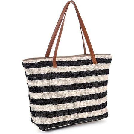 Stor stråveske sommer strand tote bag myk tote bag med glidelås strand håndveske med stripe bohemsk vevd skulderbag, svart