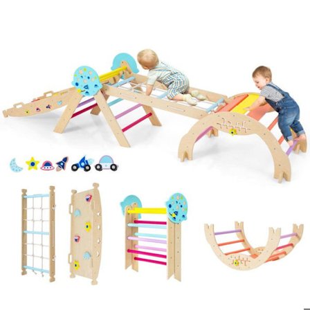 COSTWAY Klatretriangel Montessori 8 i 1 Indendørs Legemiljø med Planeter i Massivt Træ