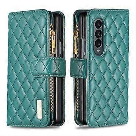 Plånboksfodral med dragkedja kompatibelt med Samsung Galaxy Z Fold 4, PU-läderfodral med handledsrem och korthållare