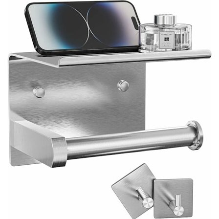 WC-paperiteline puhelinhyllyllä + kylpytakoukkuja, liima- tai ruuvi WC-paperiteline, ruostumattomasta teräksestä valmistettu WC-paperiteline (harjattu