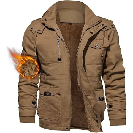 Herrejakke - avslappet vinterbomulls militærjakke tykk foret cargokåpe med hette